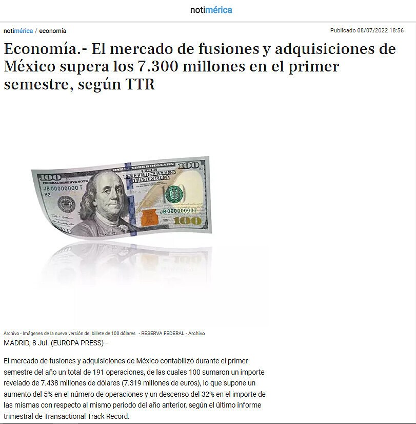 Economa.- El mercado de fusiones y adquisiciones de Mxico supera los 7.300 millones en el primer semestre, segn TTR